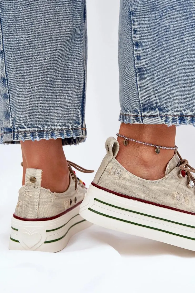 Hot GOE Trampki Damskie Na Platformie RR2N4105 Beżowe