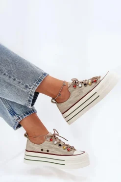 Hot GOE Trampki Damskie Na Platformie RR2N4105 Beżowe