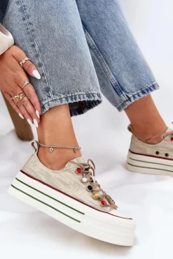 Hot GOE Trampki Damskie Na Platformie RR2N4105 Beżowe