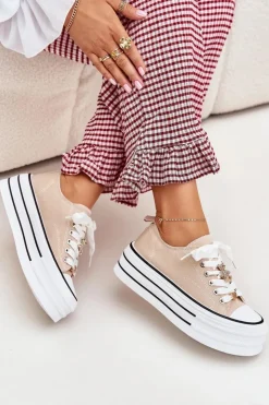 Damskie Boto Trampki Damskie Na Platformie Ze Złotymi Przypinkami Beżowe Fiorina