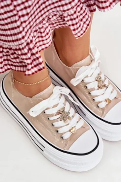 Damskie Boto Trampki Damskie Na Platformie Ze Złotymi Przypinkami Beżowe Fiorina