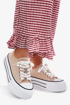 Damskie Boto Trampki Damskie Na Platformie Ze Złotymi Przypinkami Beżowe Fiorina