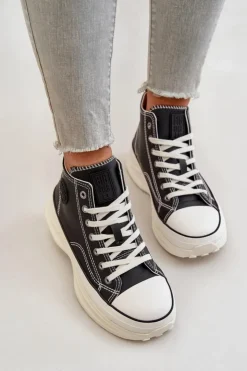 Damskie Big Star Shoes Trampki Damskie Na Platformie Eko Skórzane Big Star OO274063 Czarne