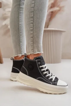 Damskie Big Star Shoes Trampki Damskie Na Platformie Eko Skórzane Big Star OO274063 Czarne