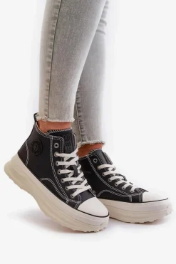 Damskie Big Star Shoes Trampki Damskie Na Platformie Eko Skórzane Big Star OO274063 Czarne