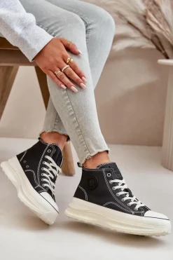 Damskie Big Star Shoes Trampki Damskie Na Platformie Eko Skórzane Big Star OO274063 Czarne