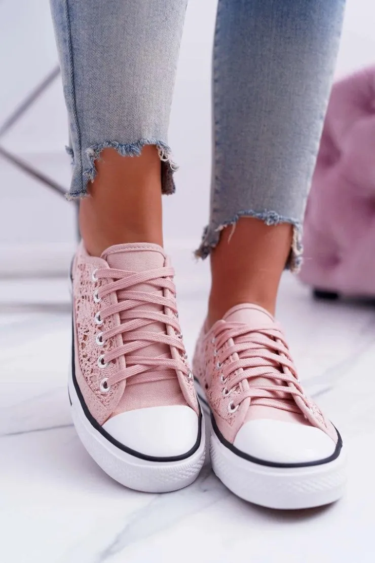 New Boto Trampki Damskie Niskie Koronkowe Różowe Veroli