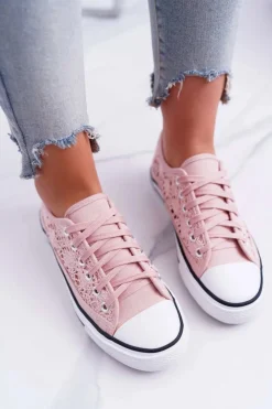 New Boto Trampki Damskie Niskie Koronkowe Różowe Veroli