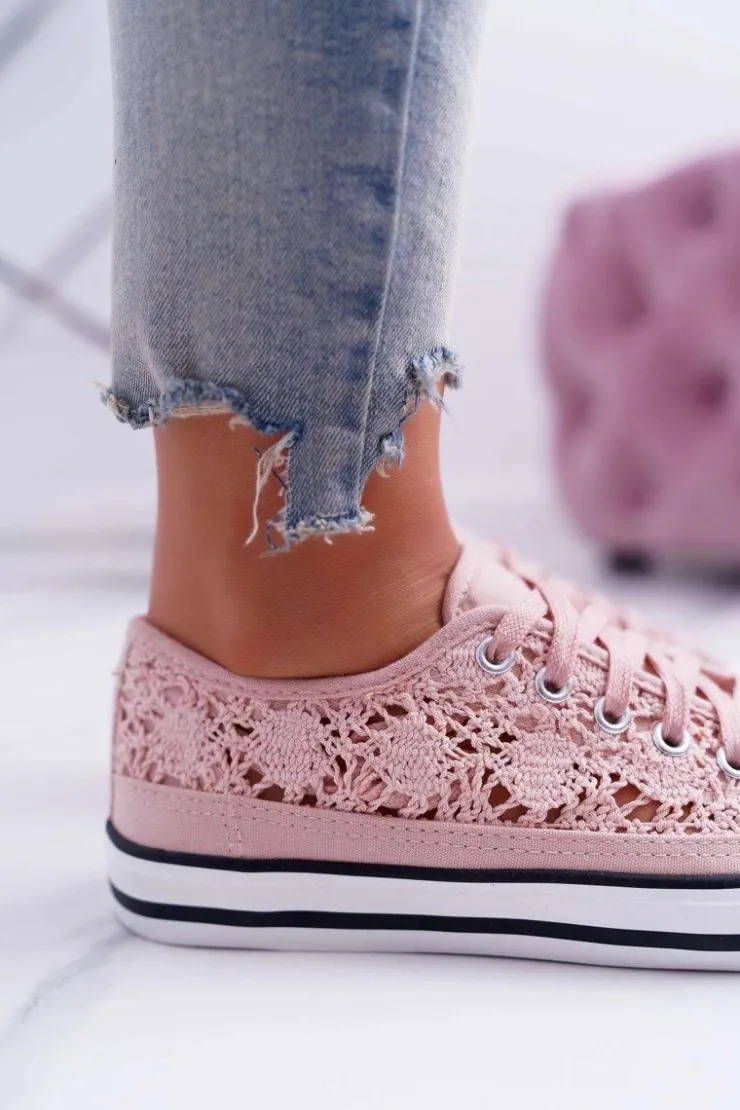 New Boto Trampki Damskie Niskie Koronkowe Różowe Veroli
