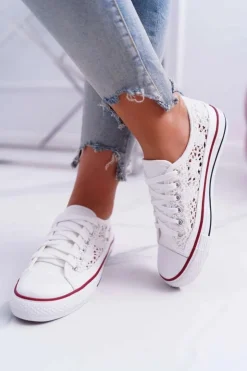 Damskie Boto Trampki Damskie Niskie Koronkowe Białe Veroli