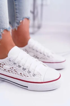 Damskie Boto Trampki Damskie Niskie Koronkowe Białe Veroli