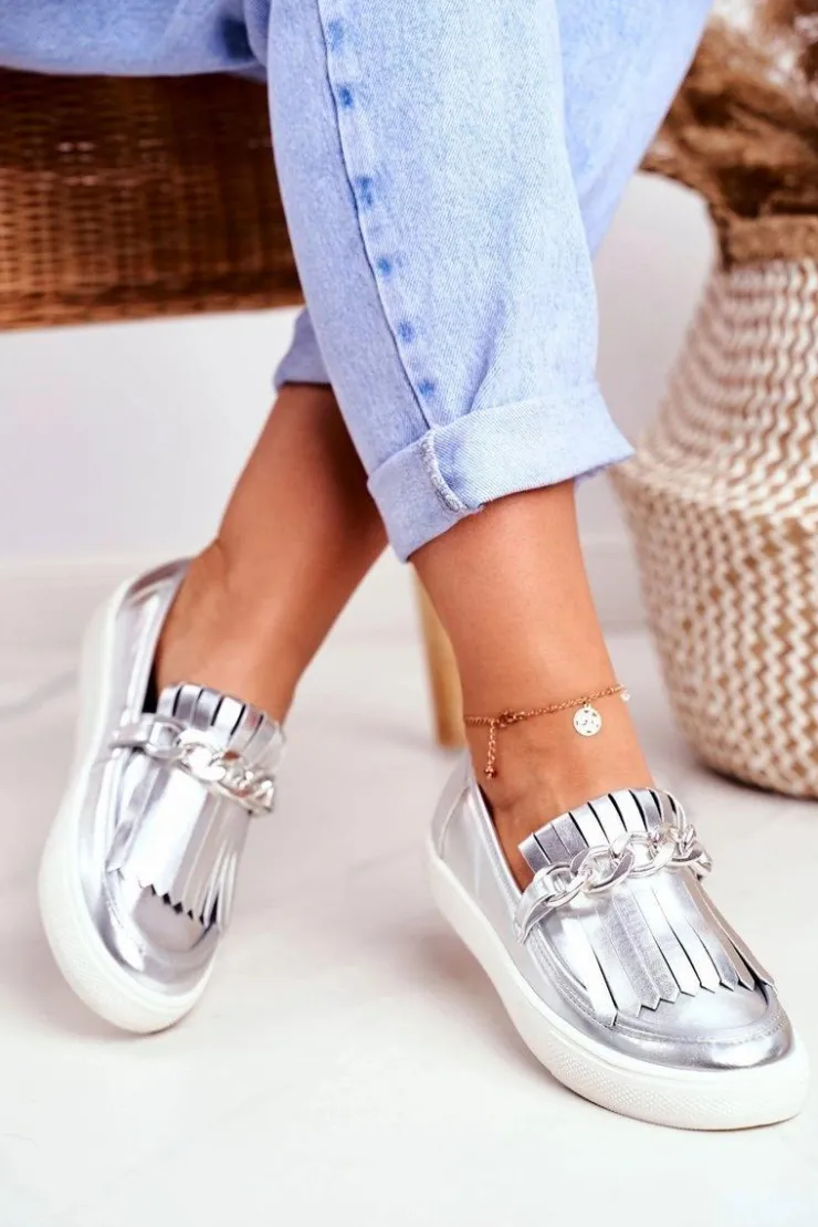 Damskie Boto Trampki Damskie Slip On Lu Boo Lustrzane Mokasyny Z Frędzlami Nefrette