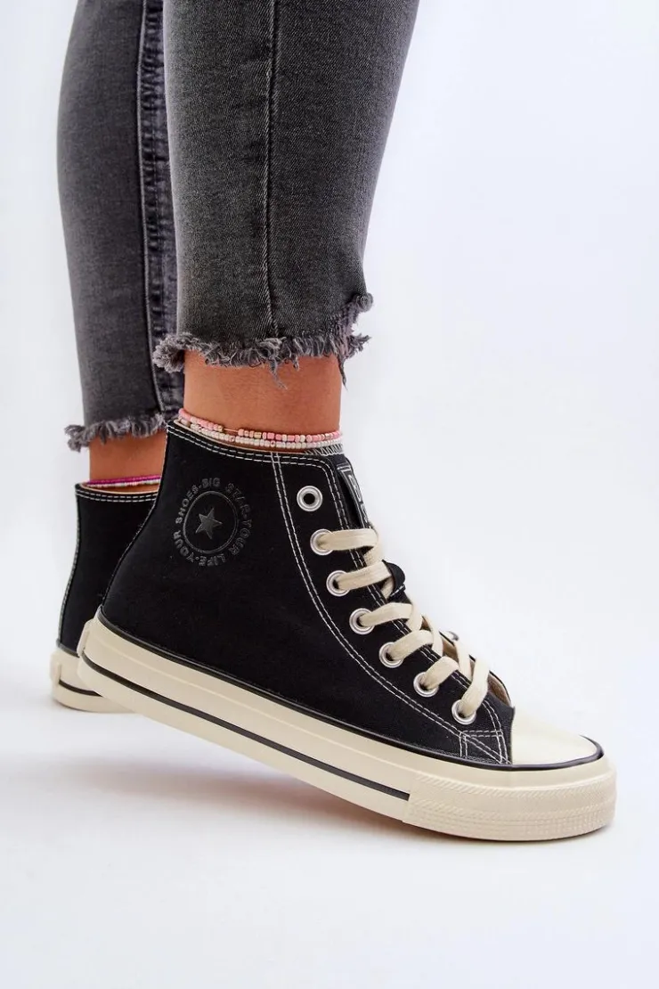 New Big Star Shoes Trampki Damskie Wysokie Big Star NN274283 Czarne Czarny