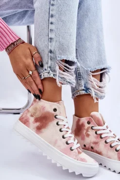 Outlet Big Star Shoes Trampki Damskie Wysokie Big Star LL274048 Beżowo-Różowe