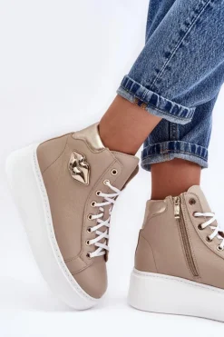 Sale Boto Trampki Damskie Wysokie Na Suwak Lemar Beżowe Katerin Beżowy