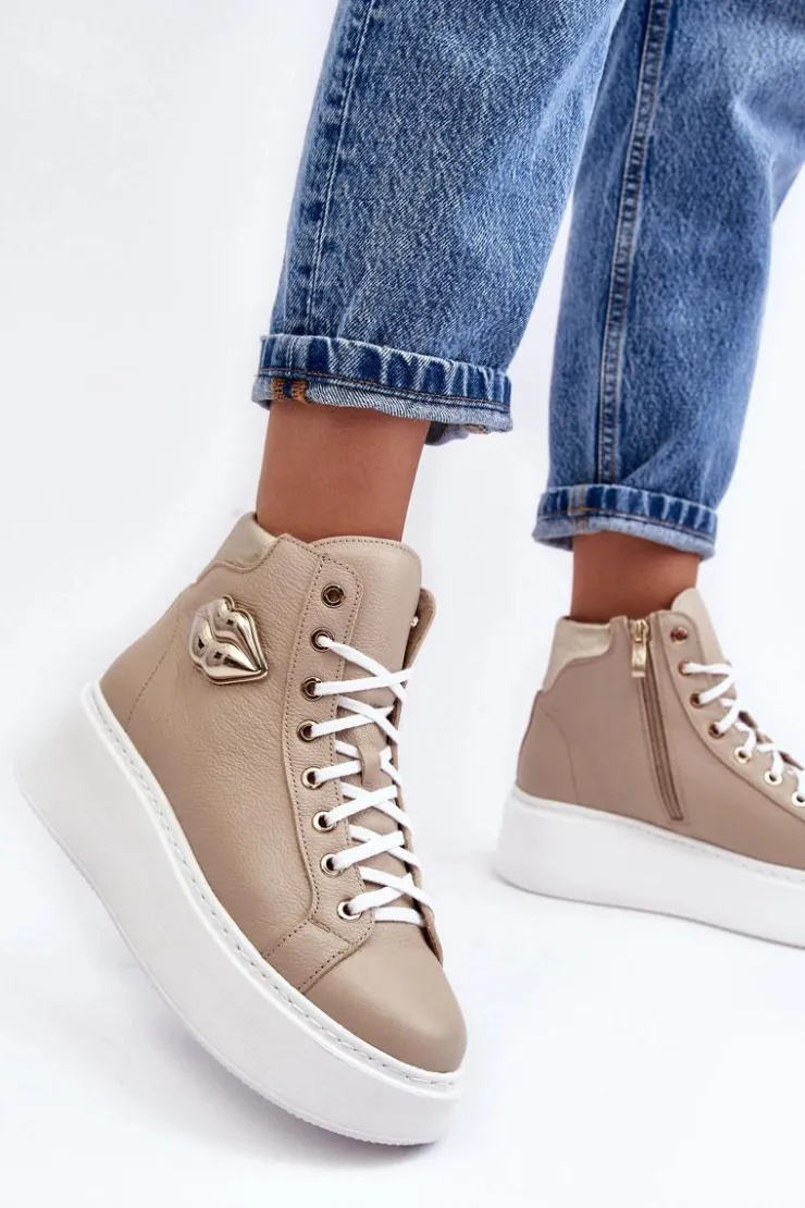 Sale Boto Trampki Damskie Wysokie Na Suwak Lemar Beżowe Katerin Beżowy