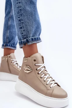 Sale Boto Trampki Damskie Wysokie Na Suwak Lemar Beżowe Katerin Beżowy