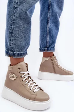 Sale Boto Trampki Damskie Wysokie Na Suwak Lemar Beżowe Katerin Beżowy