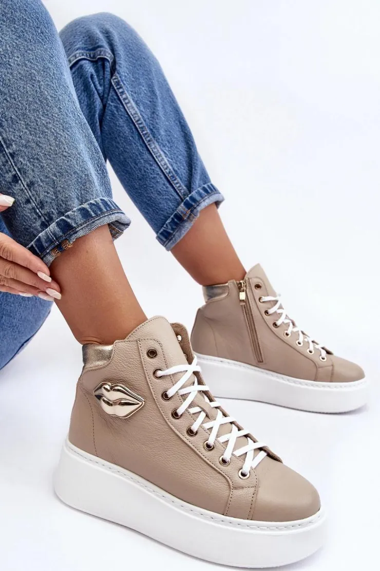 Sale Boto Trampki Damskie Wysokie Na Suwak Lemar Beżowe Katerin Beżowy