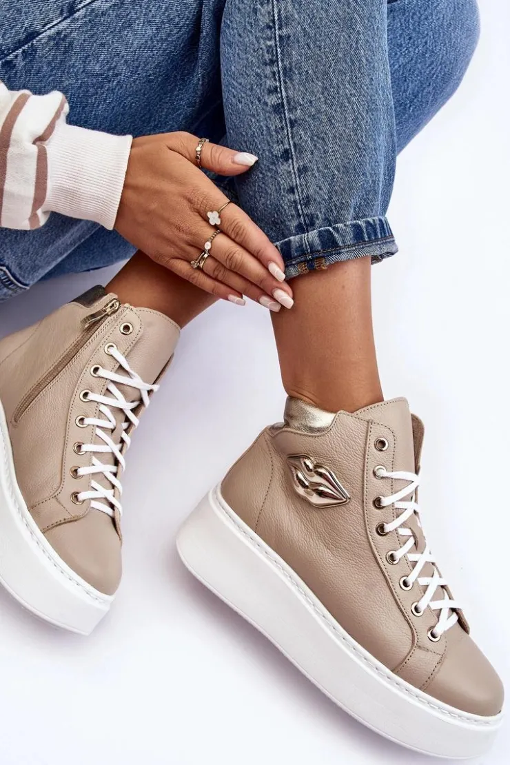 Sale Boto Trampki Damskie Wysokie Na Suwak Lemar Beżowe Katerin Beżowy