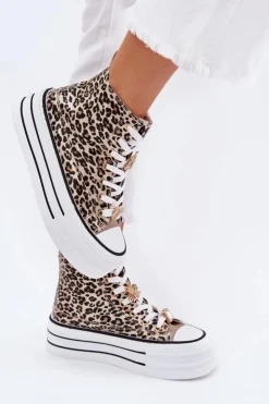 Damskie Boto Trampki Damskie Wysokie Na Masywnej Platformie Z Przypinkami Panterka Złote Olivana