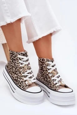 Damskie Boto Trampki Damskie Wysokie Na Masywnej Platformie Z Przypinkami Panterka Złote Olivana
