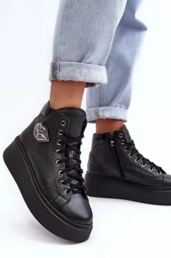 Boto Trampki Damskie Wysokie*Trampki Damskie Wysokie Na Suwak Lemar Czarne Katerin Czarny