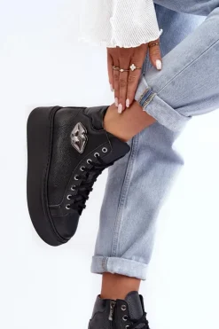 Boto Trampki Damskie Wysokie*Trampki Damskie Wysokie Na Suwak Lemar Czarne Katerin Czarny