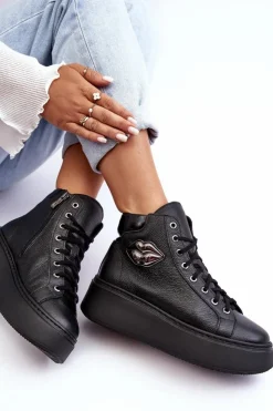 Boto Trampki Damskie Wysokie*Trampki Damskie Wysokie Na Suwak Lemar Czarne Katerin Czarny