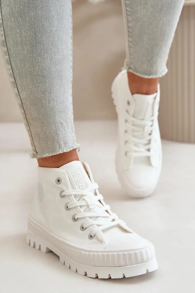 Big Star Shoes Trampki Damskie Big Star|Trampki Damskie Wysokie*Trampki Damskie Z Cholewką Za Kostkę Big Star OO274009 Białe Biały