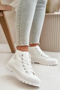 Big Star Shoes Trampki Damskie Big Star|Trampki Damskie Wysokie*Trampki Damskie Z Cholewką Za Kostkę Big Star OO274009 Białe Biały