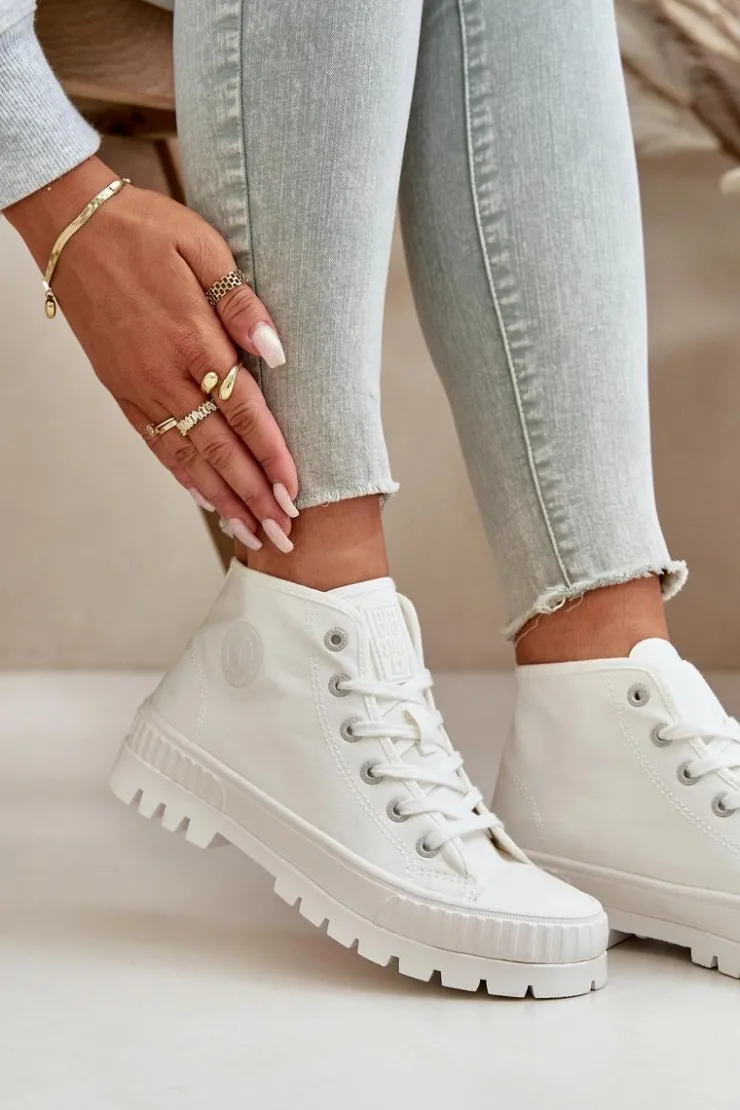 Big Star Shoes Trampki Damskie Big Star|Trampki Damskie Wysokie*Trampki Damskie Z Cholewką Za Kostkę Big Star OO274009 Białe Biały