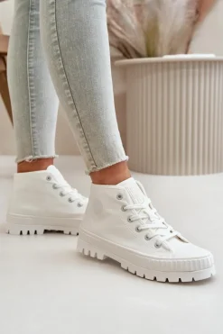 Big Star Shoes Trampki Damskie Big Star|Trampki Damskie Wysokie*Trampki Damskie Z Cholewką Za Kostkę Big Star OO274009 Białe Biały