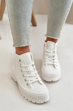 Big Star Shoes Trampki Damskie Big Star|Trampki Damskie Wysokie*Trampki Damskie Z Cholewką Za Kostkę Big Star OO274009 Białe Biały