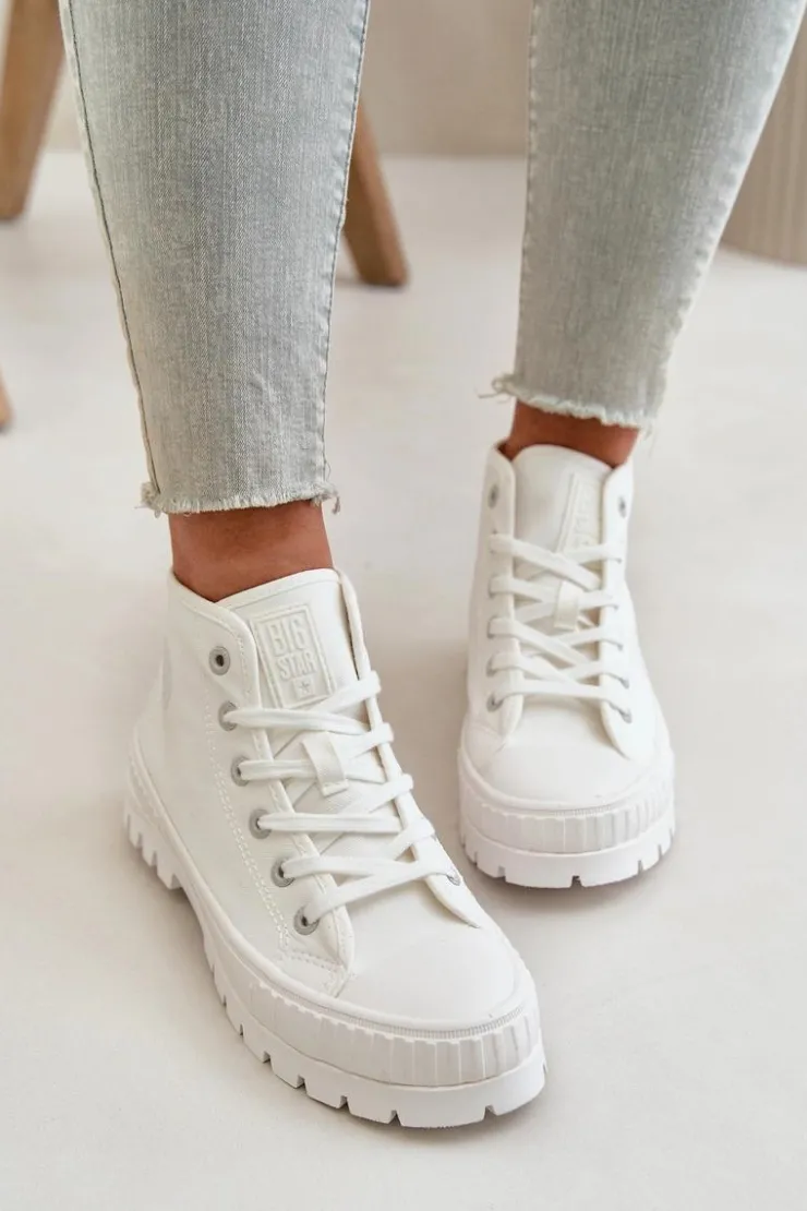 Big Star Shoes Trampki Damskie Big Star|Trampki Damskie Wysokie*Trampki Damskie Z Cholewką Za Kostkę Big Star OO274009 Białe Biały