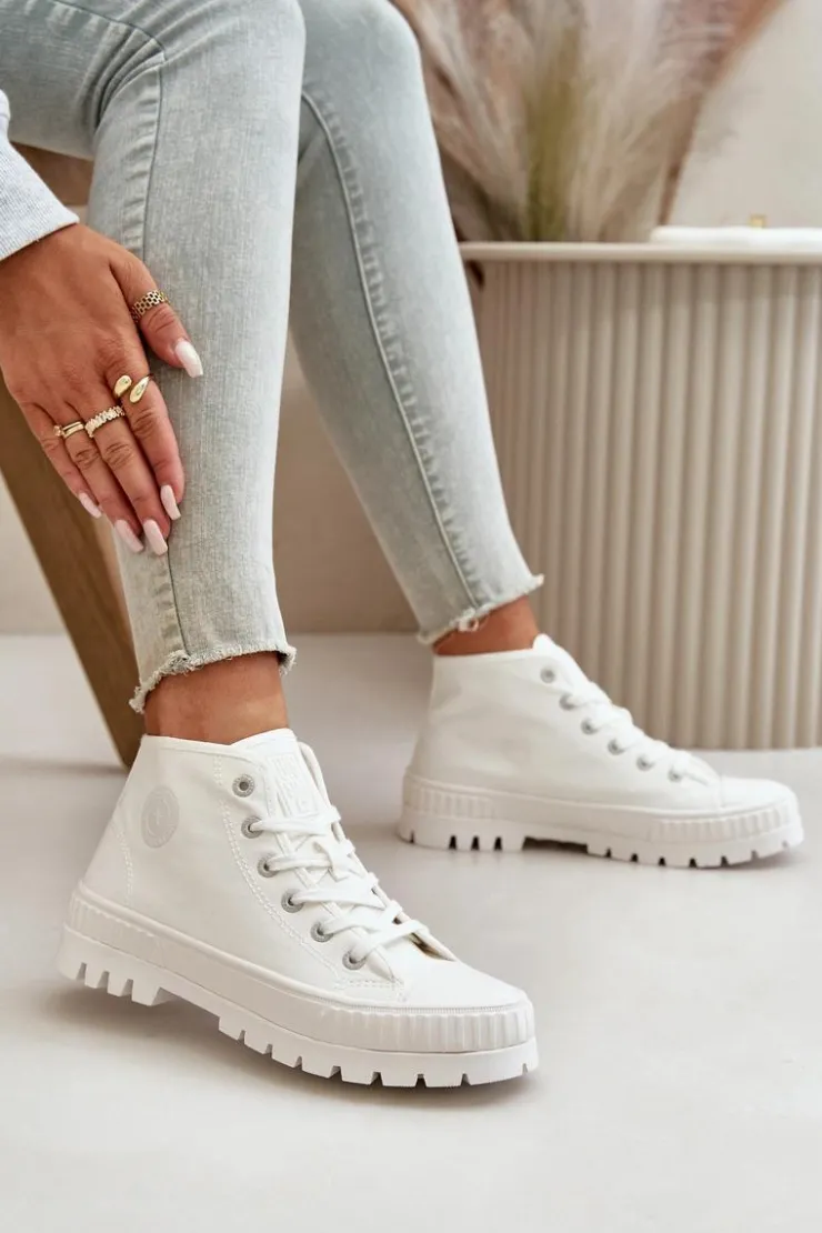 Big Star Shoes Trampki Damskie Big Star|Trampki Damskie Wysokie*Trampki Damskie Z Cholewką Za Kostkę Big Star OO274009 Białe Biały