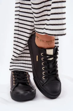 Big Star Shoes Trampki Damskie Big Star|Trampki Damskie Niskie*Trampki Damskie Z Eko Skóry Big Star RR274749 Czarne Czarny