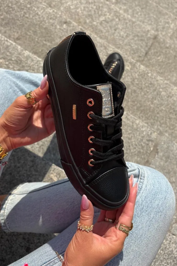 Big Star Shoes Trampki Damskie Big Star|Trampki Damskie Niskie*Trampki Damskie Z Eko Skóry Big Star RR274749 Czarne Czarny