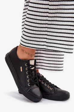 Big Star Shoes Trampki Damskie Big Star|Trampki Damskie Niskie*Trampki Damskie Z Eko Skóry Big Star RR274749 Czarne Czarny