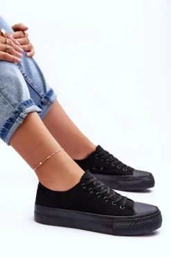 Boto Trampki Damskie Niskie*Trampki Klasyczne Niskie Na Platformie Czarne Jazlyn - Czarna podeszwa