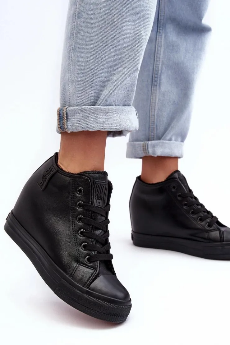 Best Big Star Shoes Trampki Skórzane Damskie Na Koturnie Big Star MM274001 Czarne Czarny