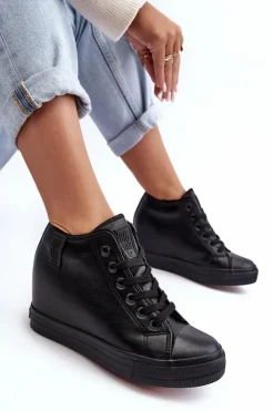 Best Big Star Shoes Trampki Skórzane Damskie Na Koturnie Big Star MM274001 Czarne Czarny