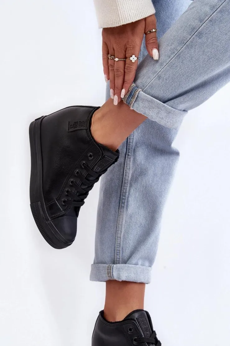 Best Big Star Shoes Trampki Skórzane Damskie Na Koturnie Big Star MM274001 Czarne Czarny