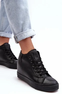 Best Big Star Shoes Trampki Skórzane Damskie Na Koturnie Big Star MM274001 Czarne Czarny