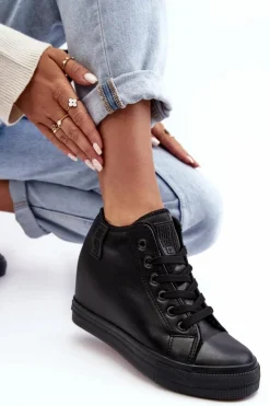 Best Big Star Shoes Trampki Skórzane Damskie Na Koturnie Big Star MM274001 Czarne Czarny