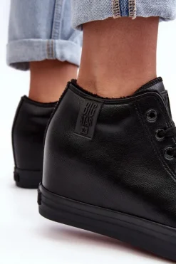 Best Big Star Shoes Trampki Skórzane Damskie Na Koturnie Big Star MM274001 Czarne Czarny