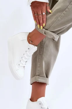 Big Star Shoes Trampki Damskie Big Star|Trampki Damskie Wysokie*Trampki Skórzane Damskie Na Koturnie Big Star MM274002 Białe