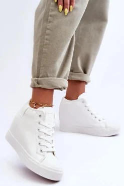 Big Star Shoes Trampki Damskie Big Star|Trampki Damskie Wysokie*Trampki Skórzane Damskie Na Koturnie Big Star MM274002 Białe