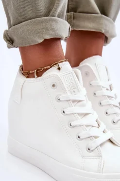 Big Star Shoes Trampki Damskie Big Star|Trampki Damskie Wysokie*Trampki Skórzane Damskie Na Koturnie Big Star MM274002 Białe