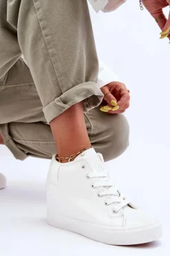 Big Star Shoes Trampki Damskie Big Star|Trampki Damskie Wysokie*Trampki Skórzane Damskie Na Koturnie Big Star MM274002 Białe